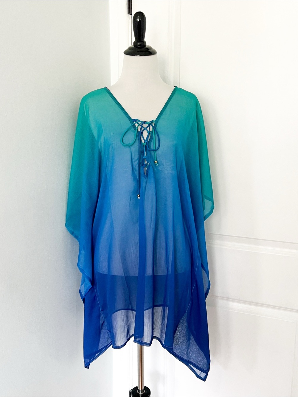 Lauren Ralph Lauren Teal to Royal Blue Lace-Up Swim Coverup - One Size